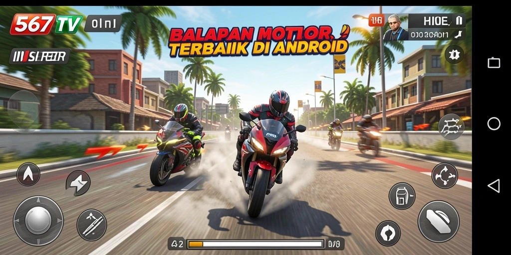 Tampilan gameplay seru dalam 567TV saat balapan motor.