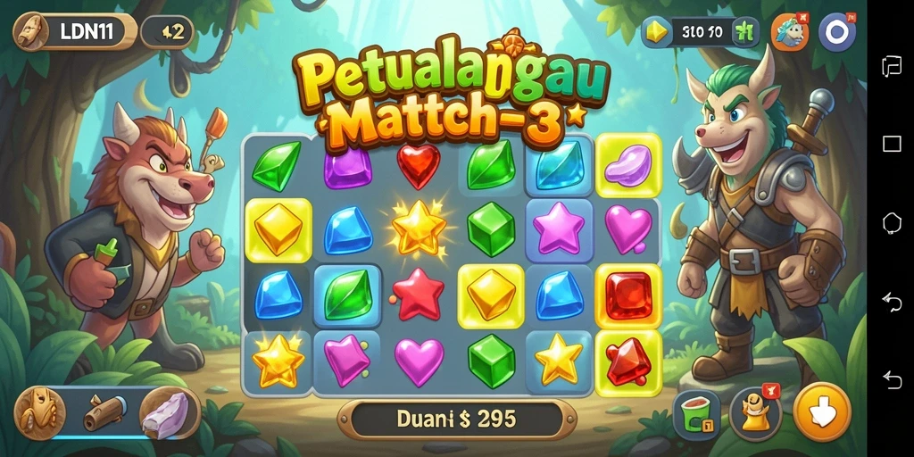 Tangkapan layar gameplay seru LDN11 dengan kombinasi match-3.