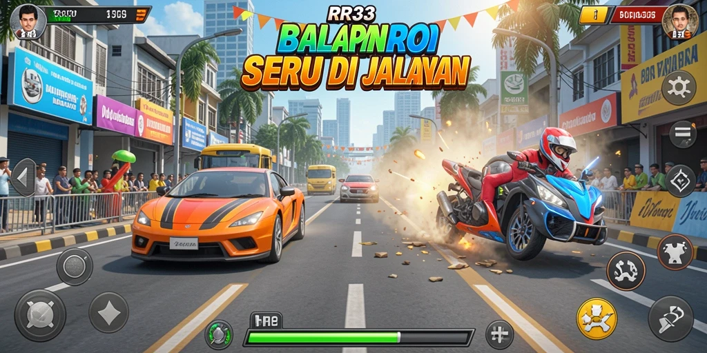 Screenshot gameplay RR33 yang menunjukkan aksi balapan yang intens.