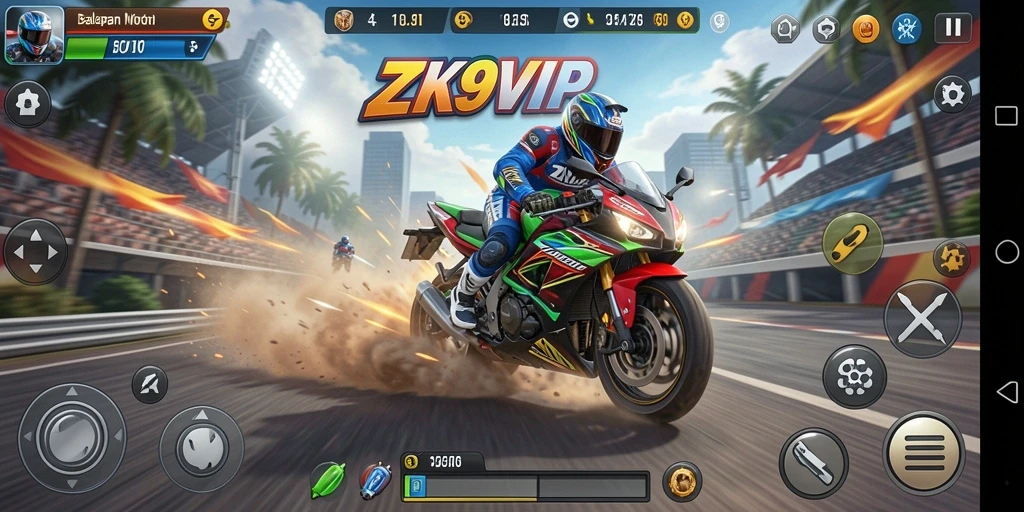 Screenshot gameplay ZK9VIP menampilkan balapan motor yang mendebarkan.